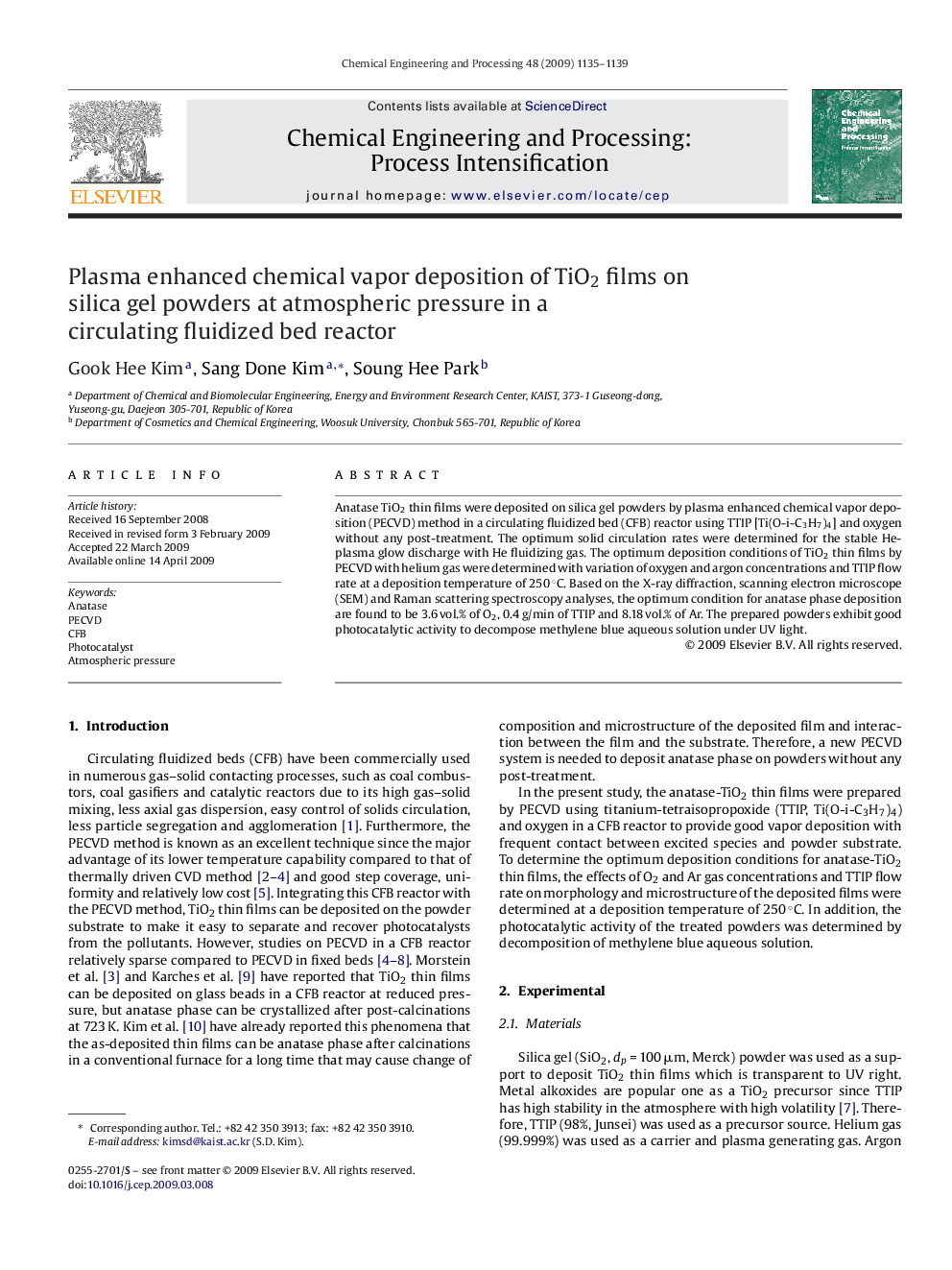 عکس صفحه اول مقاله: Plasma enhanced chemical vapor deposition of TiO2 films on silica gel powders at atmospheric pressure in a circulating fluidized bed reactor Plasma enhanced chemical vapor deposition of TiO2 films on silica gel powders at atmospheric pressure in a circulating fluidized bed reactor
