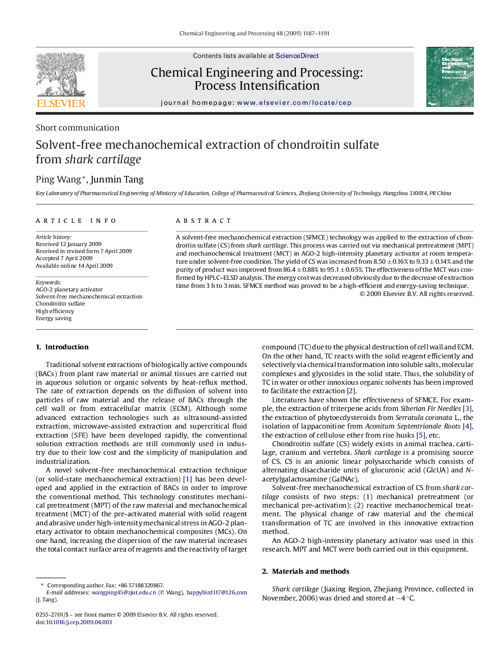 Solvent-free mechanochemical extraction of chondroitin sulfate from shark cartilage