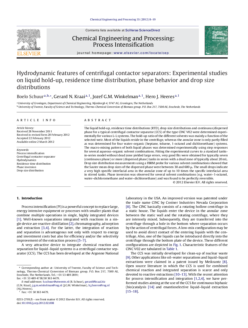 Hydrodynamic features of centrifugal contactor separators: Experimental studies on liquid hold-up, residence time distribution, phase behavior and drop size distributions