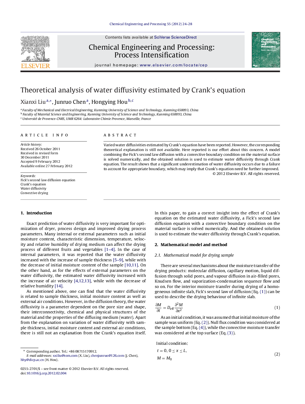 Theoretical analysis of water diffusivity estimated by Crank's equation