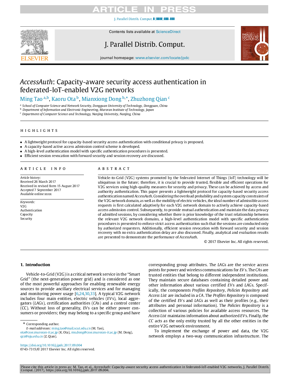 AccessAuth: Capacity-aware security access authentication in federated-IoT-enabled V2G networks