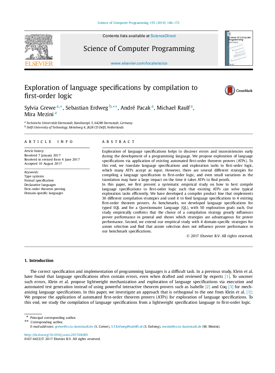 Exploration of language specifications by compilation to first-order logic