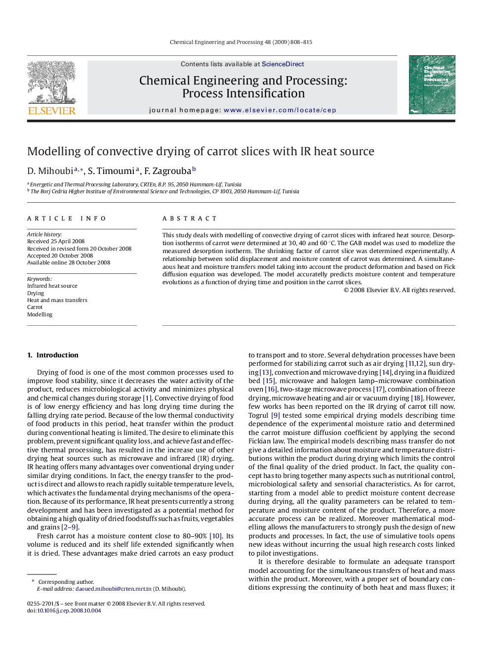 Modelling of convective drying of carrot slices with IR heat source