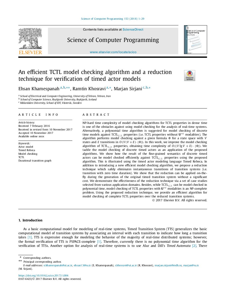 An efficient TCTL model checking algorithm and a reduction technique for verification of timed actor models