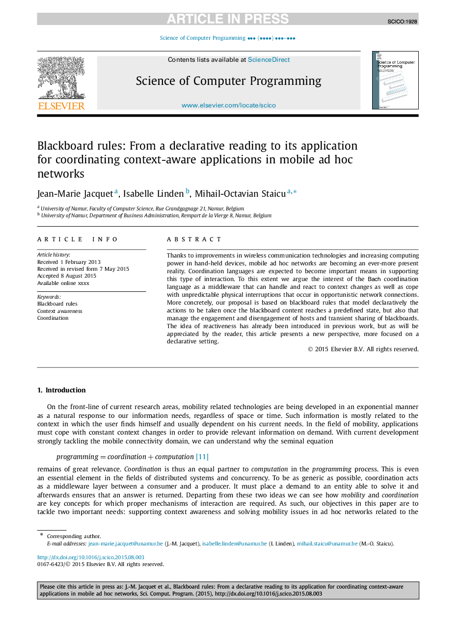 Blackboard rules: From a declarative reading to its application for coordinating context-aware applications in mobile ad hoc networks