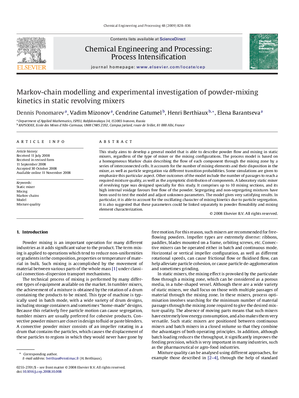 Markov-chain modelling and experimental investigation of powder-mixing kinetics in static revolving mixers