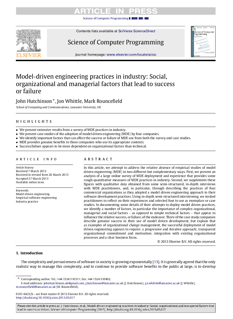 Model-driven engineering practices in industry: Social, organizational and managerial factors that lead to success or failure