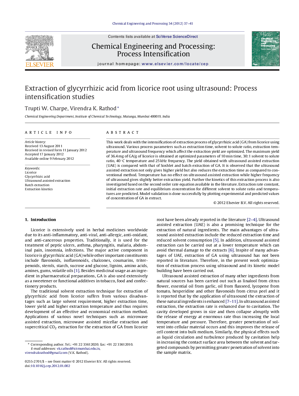 Extraction of glycyrrhizic acid from licorice root using ultrasound: Process intensification studies