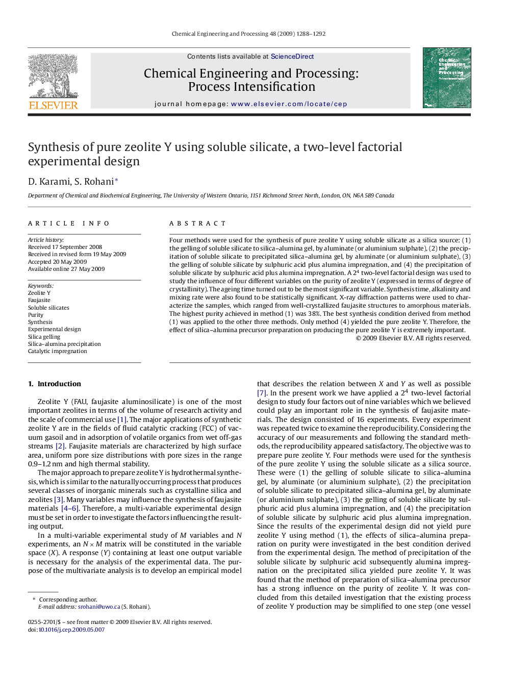 Synthesis of pure zeolite Y using soluble silicate, a two-level factorial experimental design