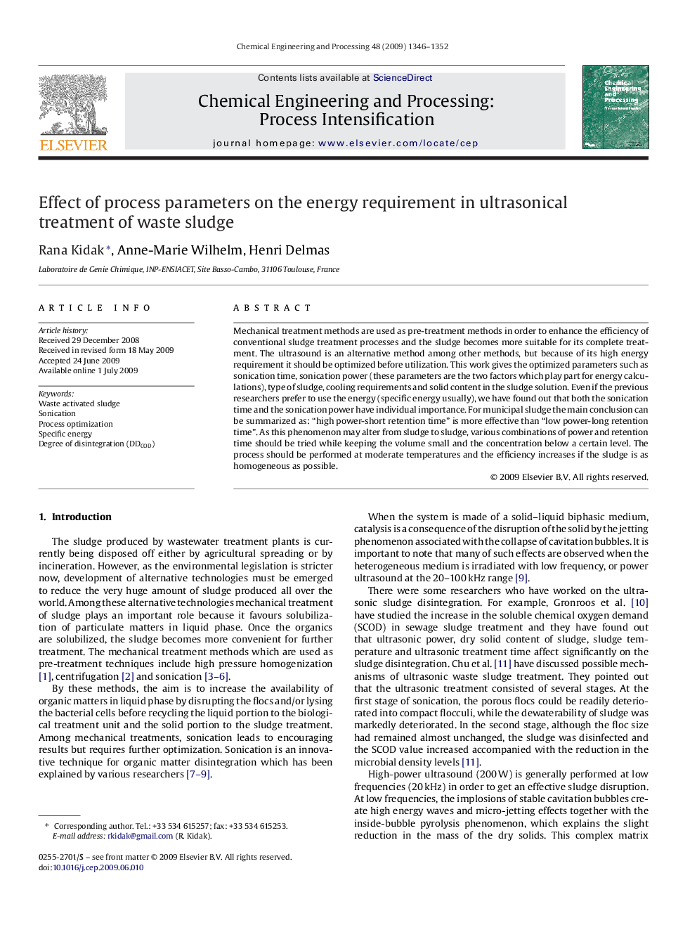 Effect of process parameters on the energy requirement in ultrasonical treatment of waste sludge