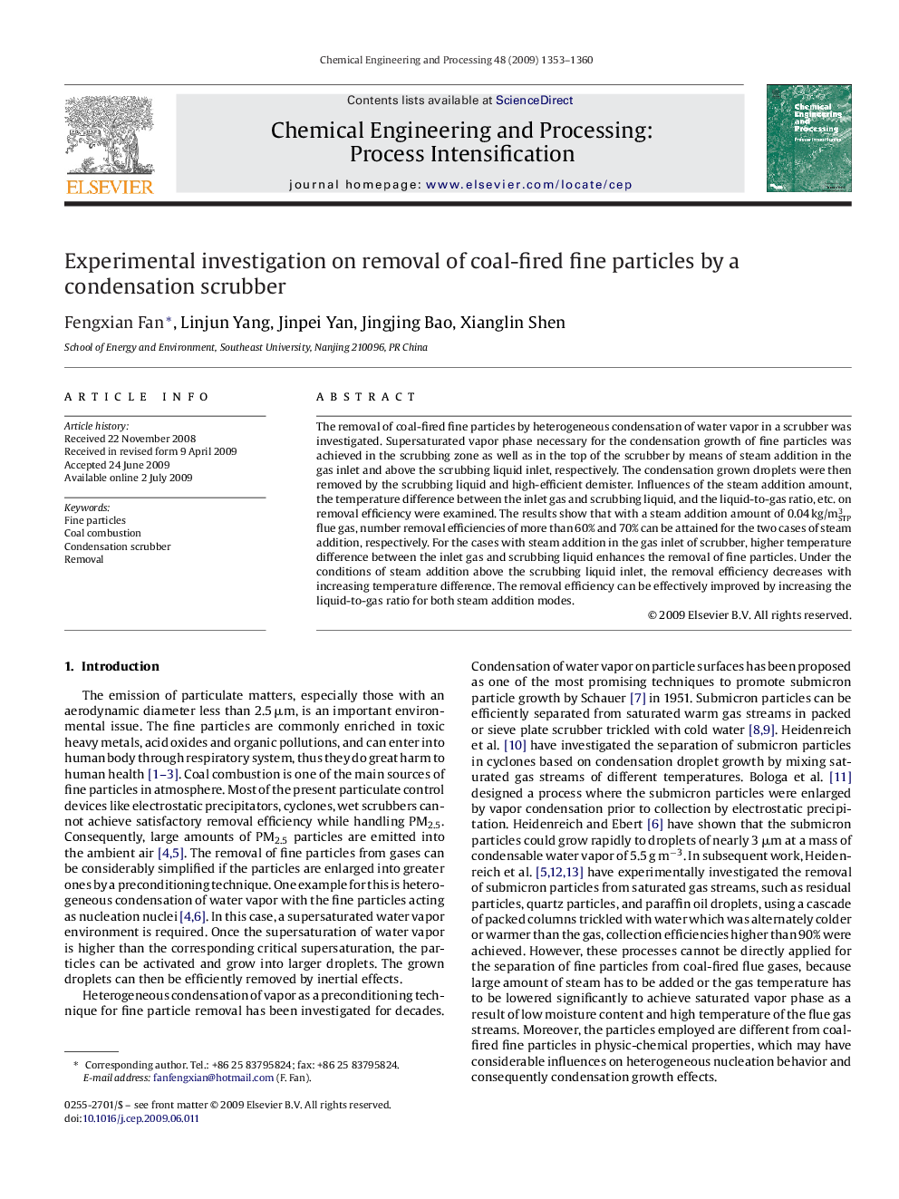 Experimental investigation on removal of coal-fired fine particles by a condensation scrubber