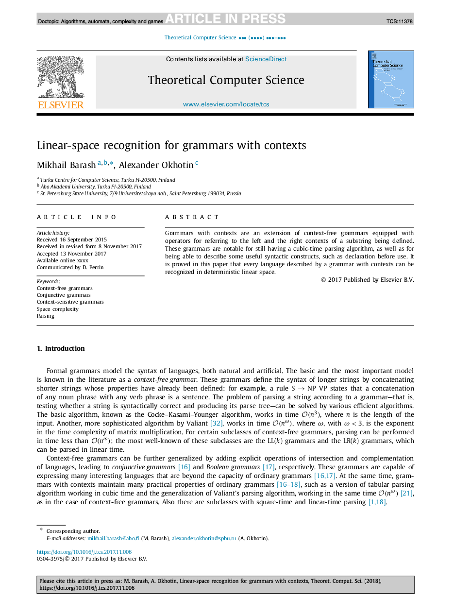 Linear-space recognition for grammars with contexts