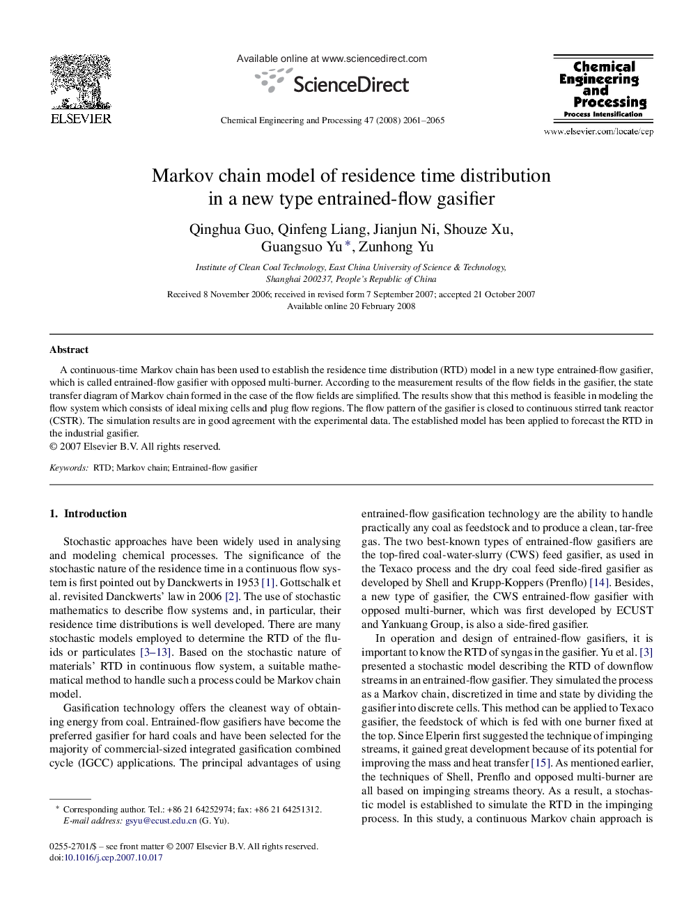 Markov chain model of residence time distribution in a new type entrained-flow gasifier