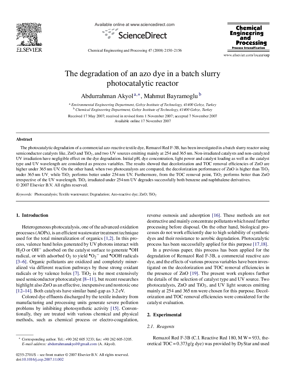 The degradation of an azo dye in a batch slurry photocatalytic reactor