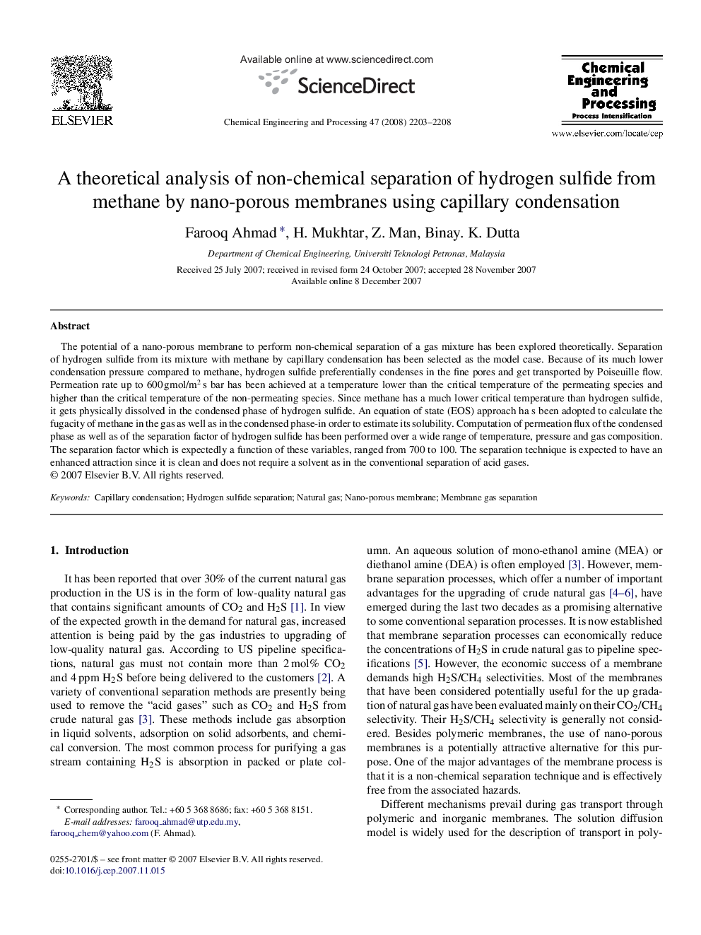 A theoretical analysis of non-chemical separation of hydrogen sulfide from methane by nano-porous membranes using capillary condensation