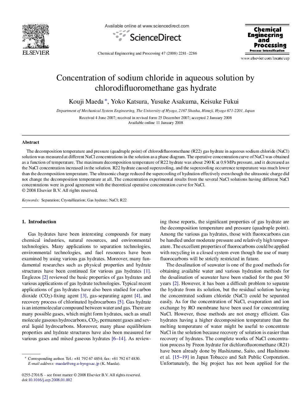 عکس صفحه اول مقاله: Concentration of sodium chloride in aqueous solution by chlorodifluoromethane gas hydrate Concentration of sodium chloride in aqueous solution by chlorodifluoromethane gas hydrate