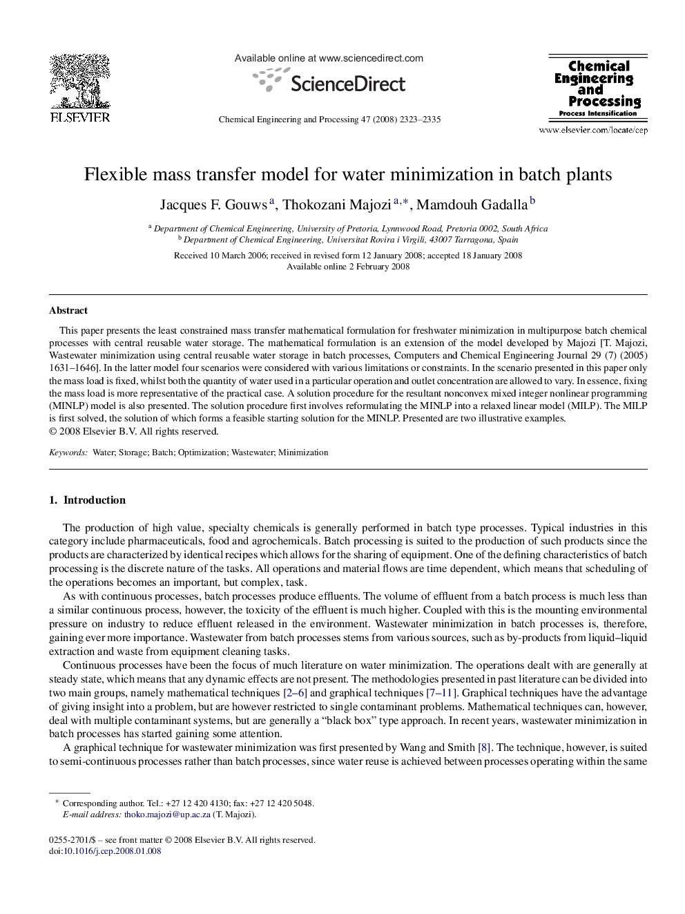 Flexible mass transfer model for water minimization in batch plants