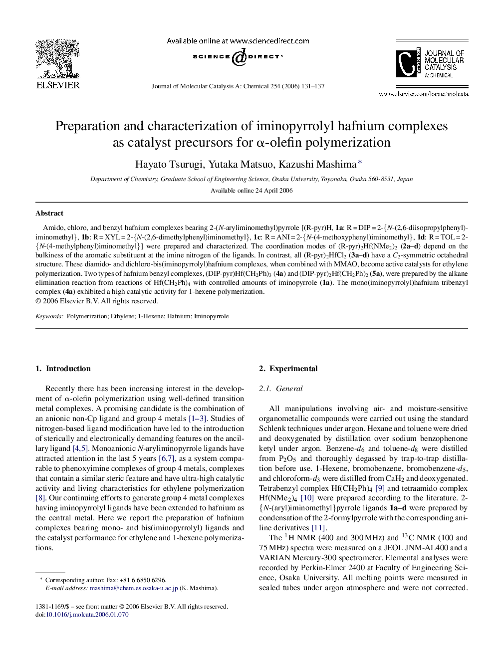 Preparation and characterization of iminopyrrolyl hafnium complexes as catalyst precursors for α-olefin polymerization