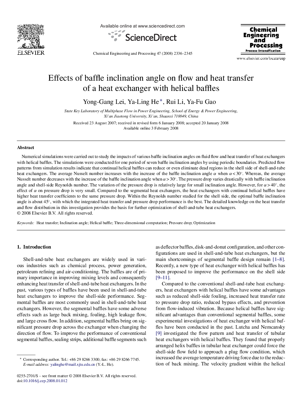 Effects of baffle inclination angle on flow and heat transfer of a heat exchanger with helical baffles