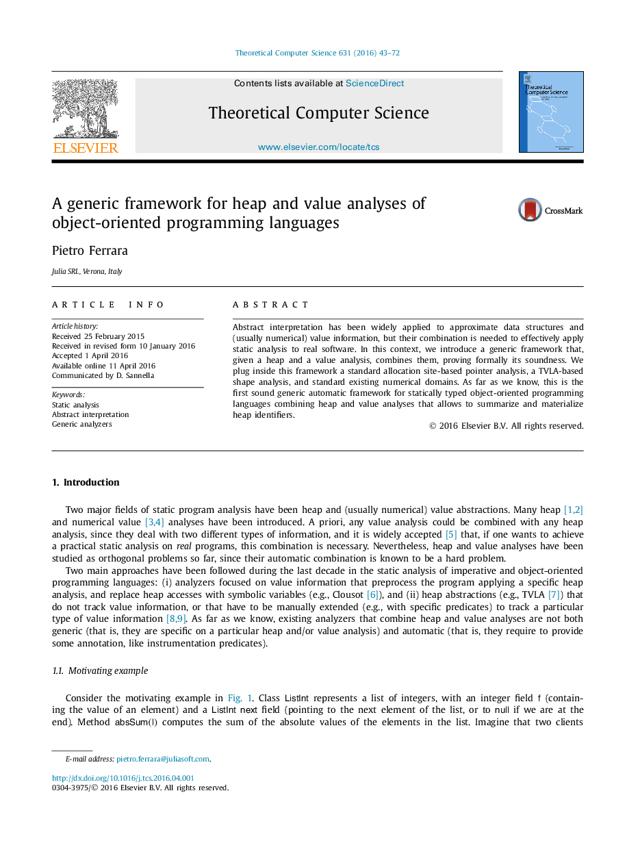 A generic framework for heap and value analyses of object-oriented programming languages