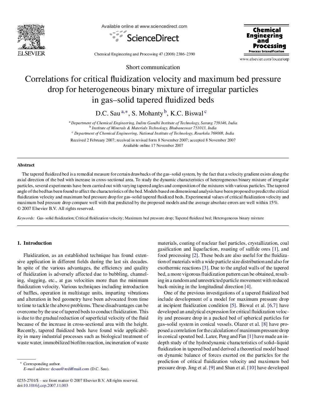 عکس صفحه اول مقاله: Correlations for critical fluidization velocity and maximum bed pressure drop for heterogeneous binary mixture of irregular particles in gas–solid tapered fluidized beds Correlations for critical fluidization velocity and maximum bed pressure drop for heterogeneous binary mixture of irregular particles in gas–solid tapered fluidized beds