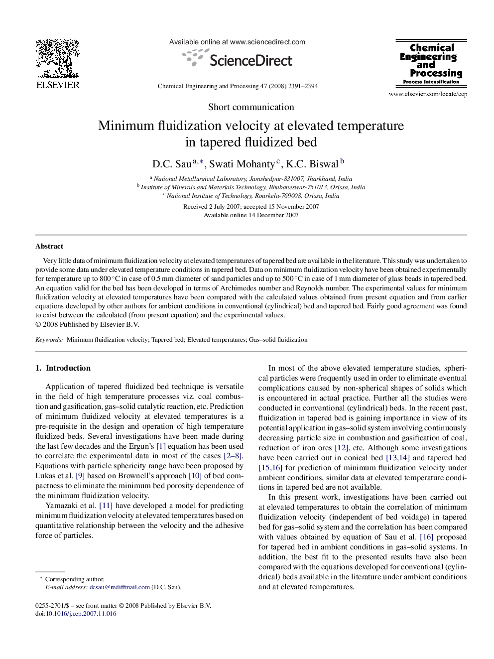 Minimum fluidization velocity at elevated temperature in tapered fluidized bed