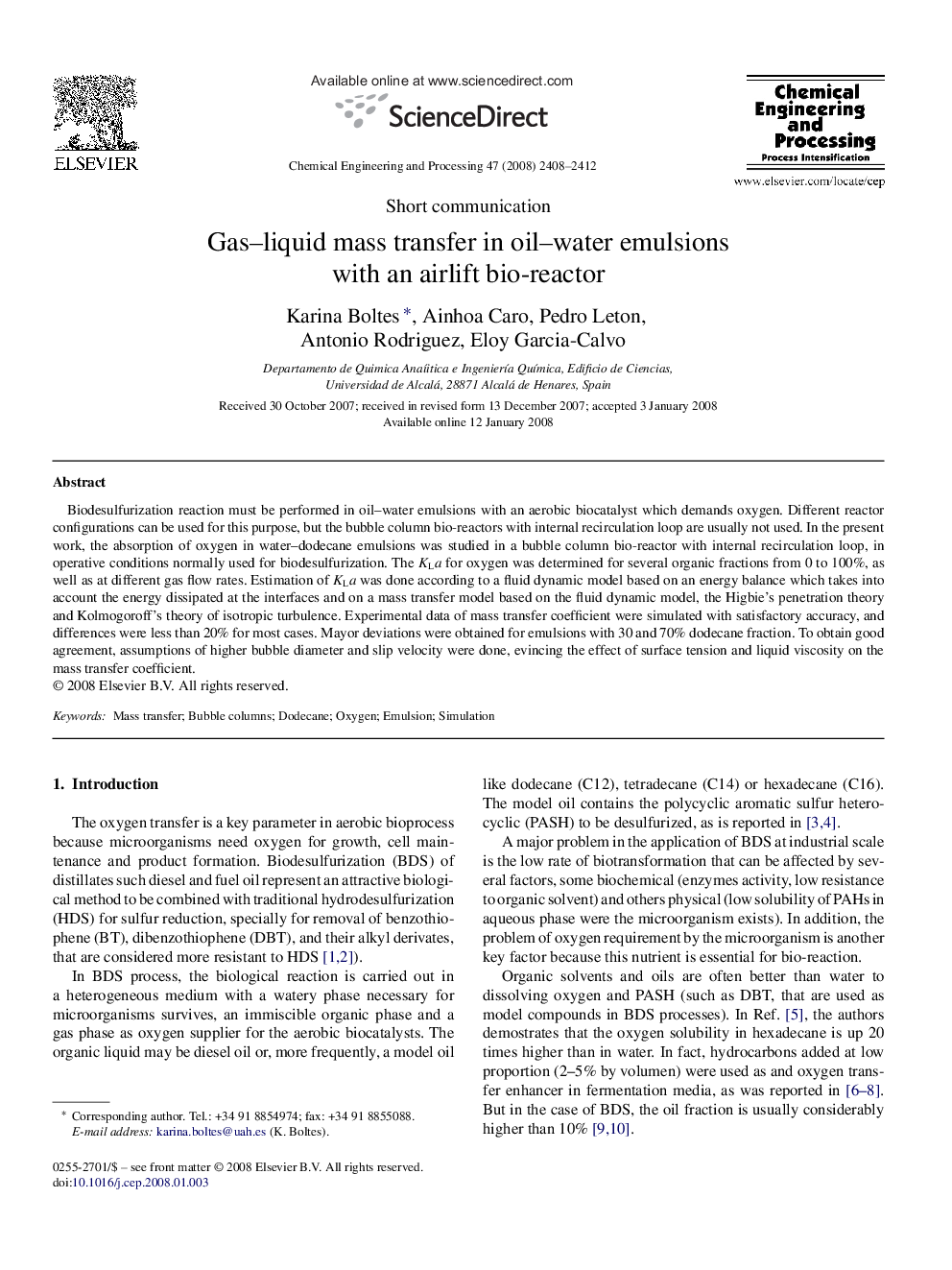 Gas–liquid mass transfer in oil–water emulsions with an airlift bio-reactor