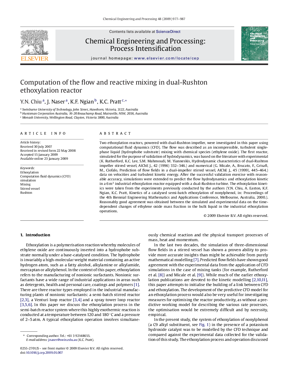 Computation of the flow and reactive mixing in dual-Rushton ethoxylation reactor