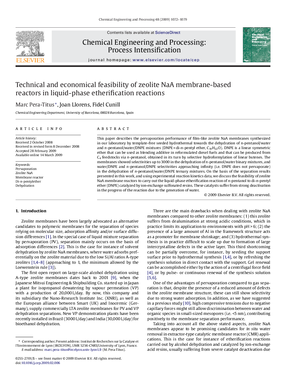 Technical and economical feasibility of zeolite NaA membrane-based reactors in liquid-phase etherification reactions