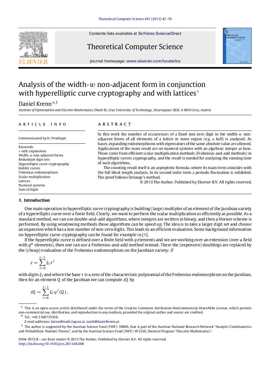 Analysis of the width-w non-adjacent form in conjunction with hyperelliptic curve cryptography and with lattices