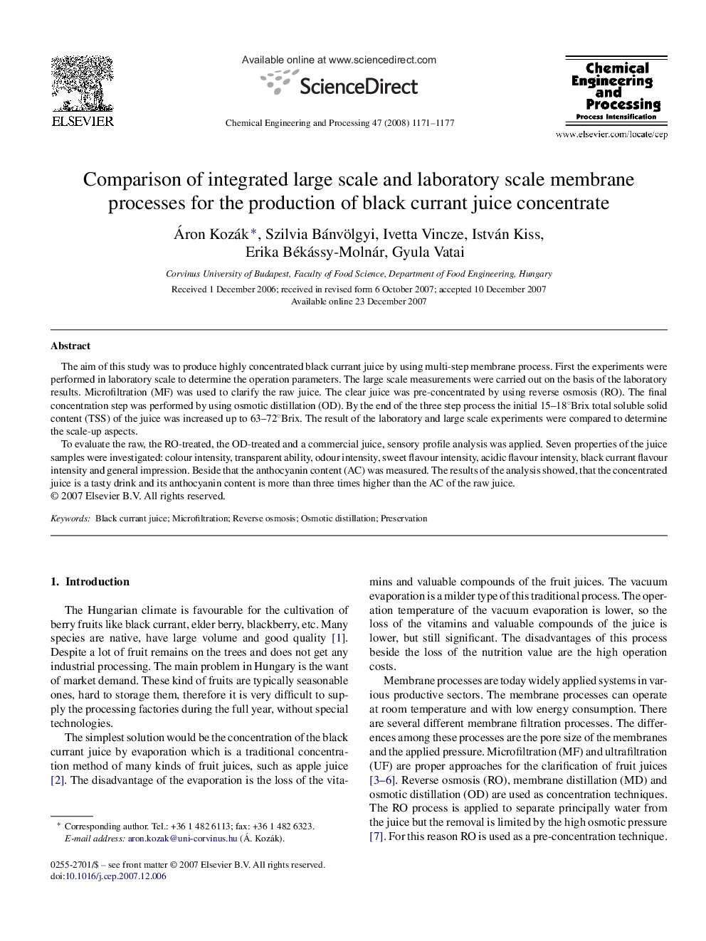 Comparison of integrated large scale and laboratory scale membrane processes for the production of black currant juice concentrate