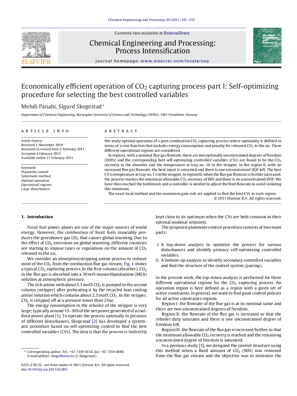 Economically efficient operation of CO2 capturing process part I: Self-optimizing procedure for selecting the best controlled variables