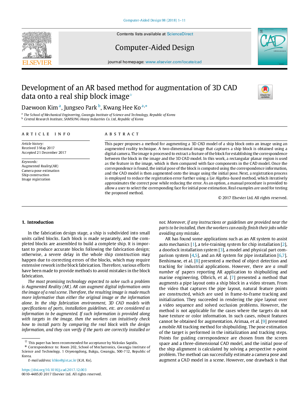 Development of an AR based method for augmentation of 3D CAD data onto a real ship block image