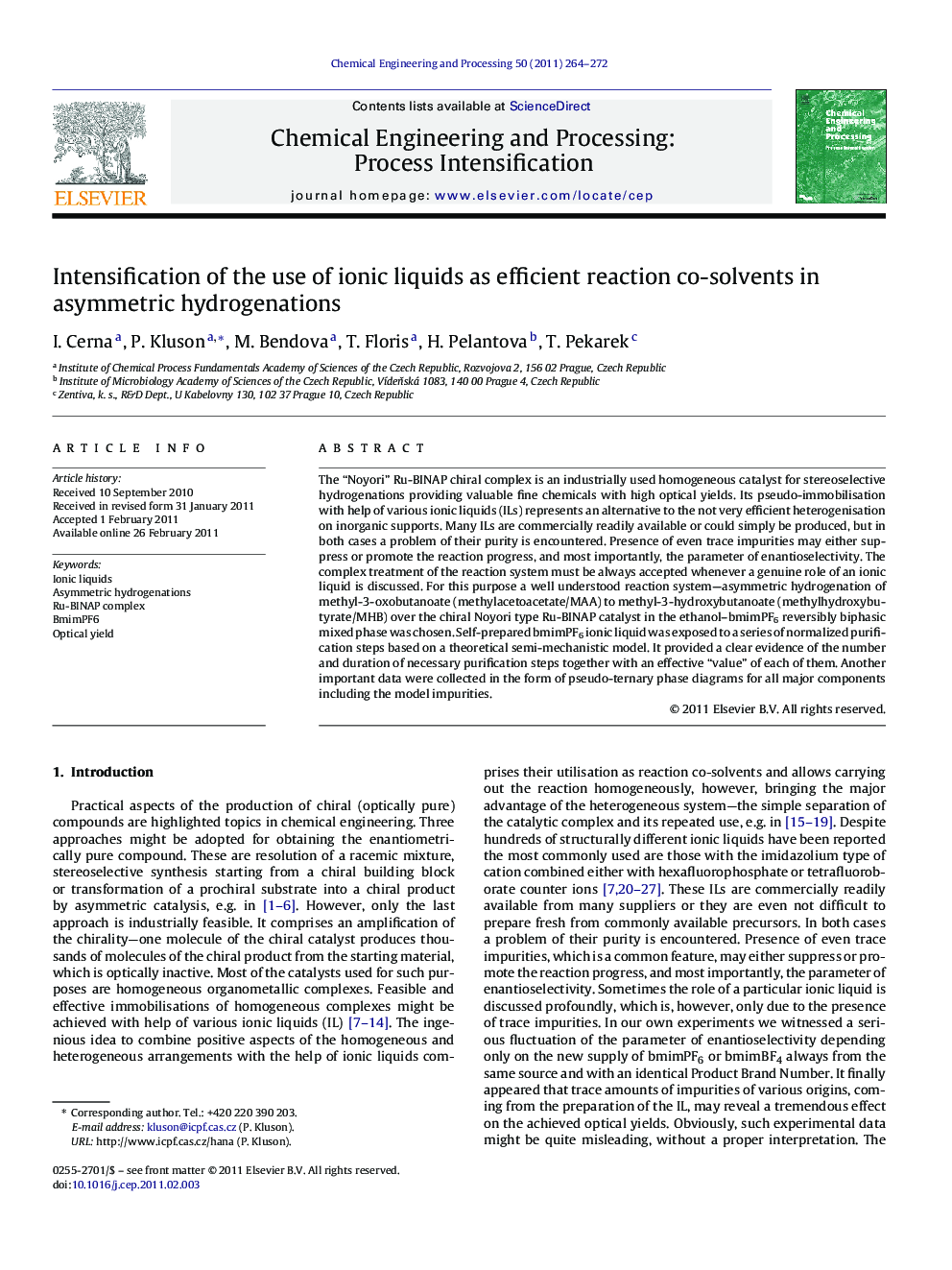 Intensification of the use of ionic liquids as efficient reaction co-solvents in asymmetric hydrogenations