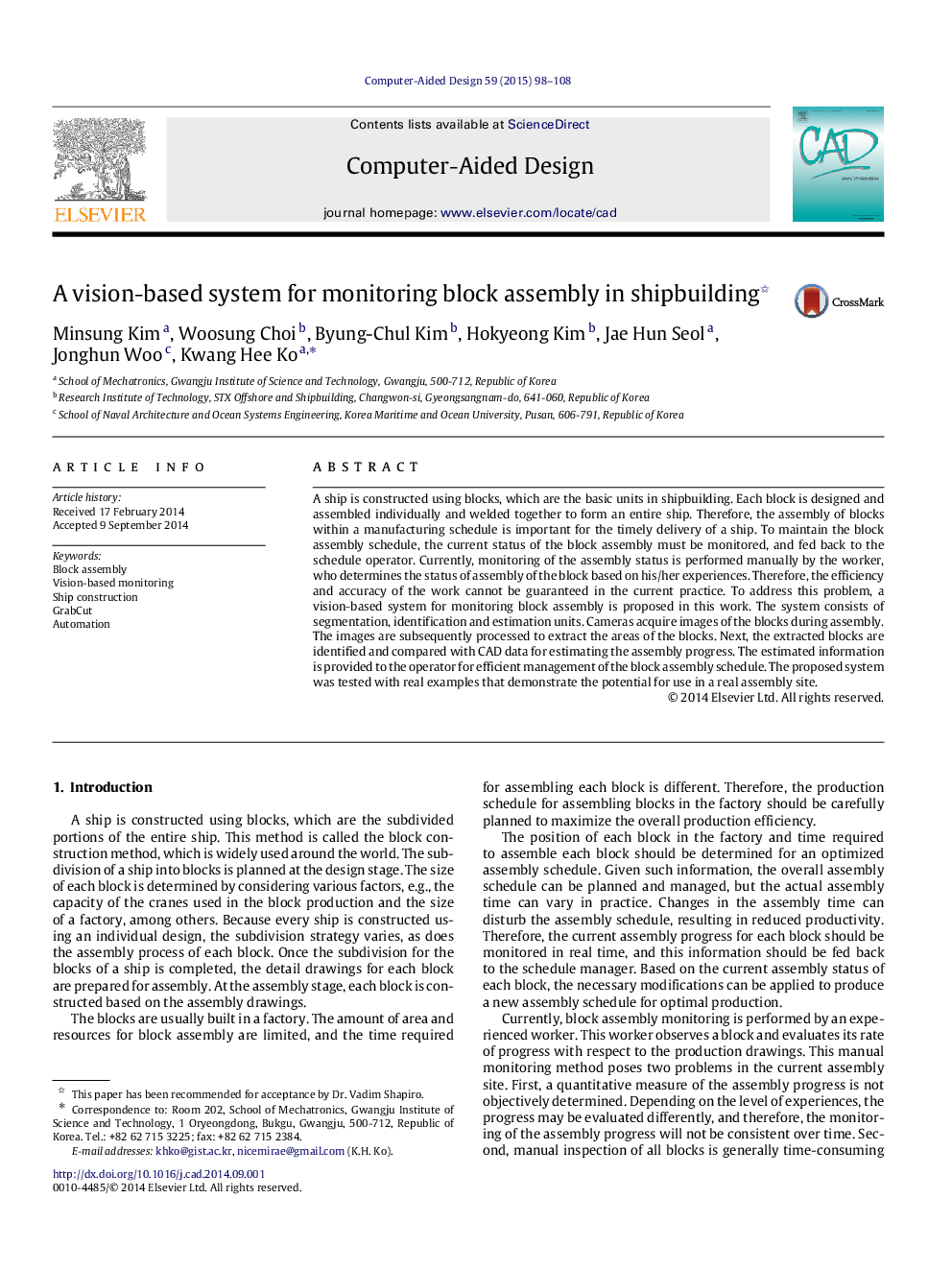 A vision-based system for monitoring block assembly in shipbuilding