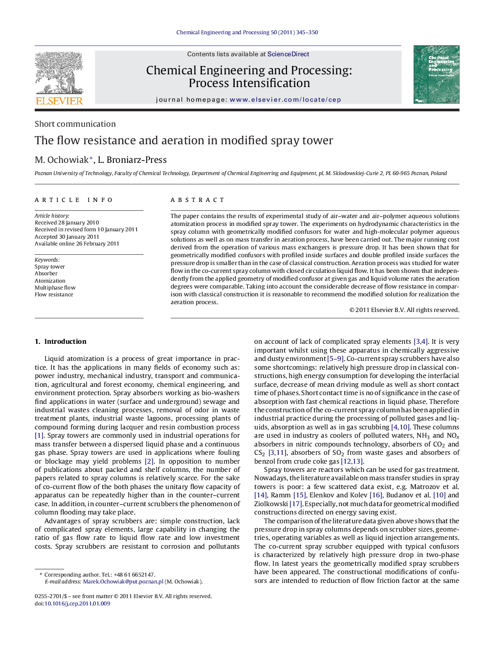 The flow resistance and aeration in modified spray tower