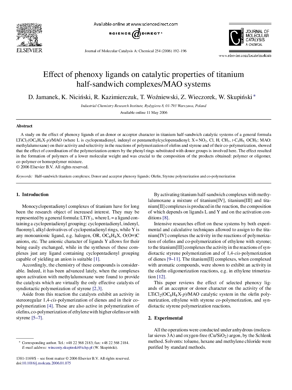 Effect of phenoxy ligands on catalytic properties of titanium half-sandwich complexes/MAO systems