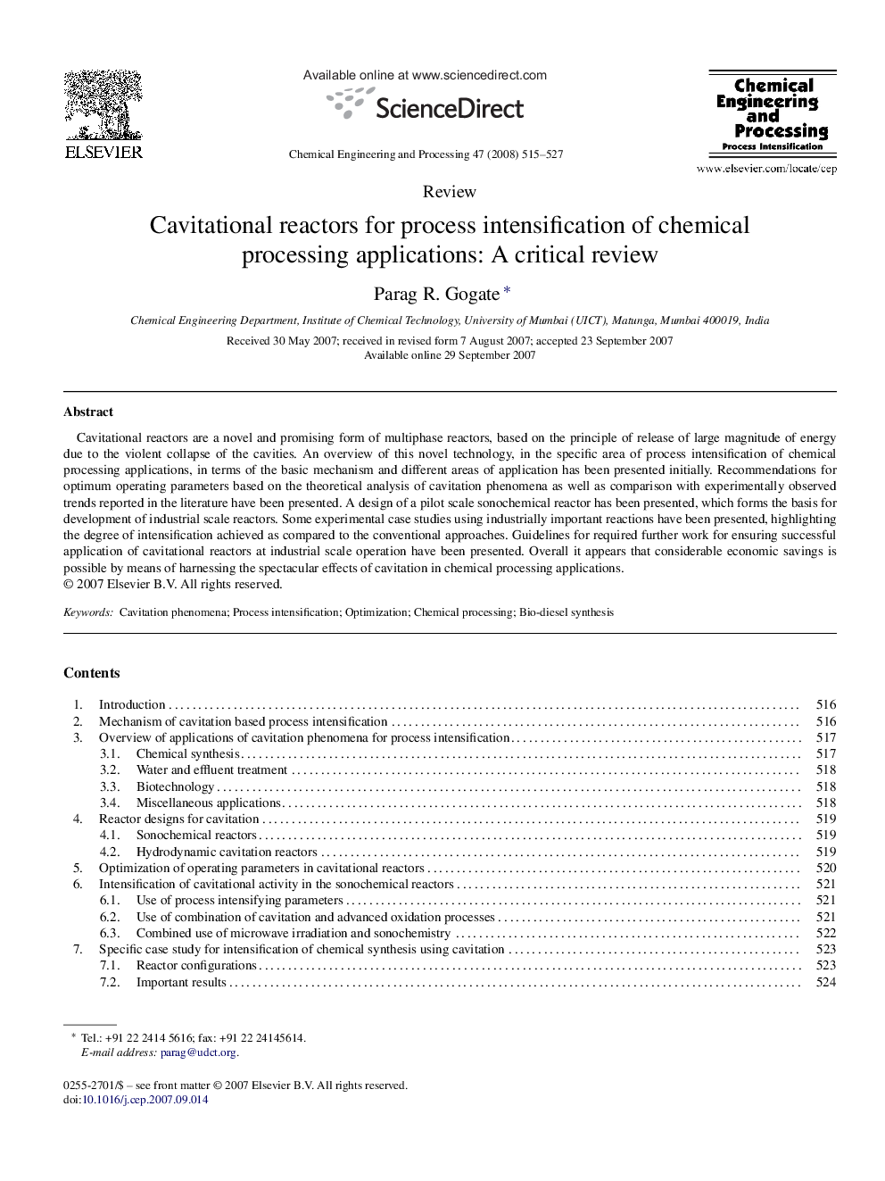 Cavitational reactors for process intensification of chemical processing applications: A critical review