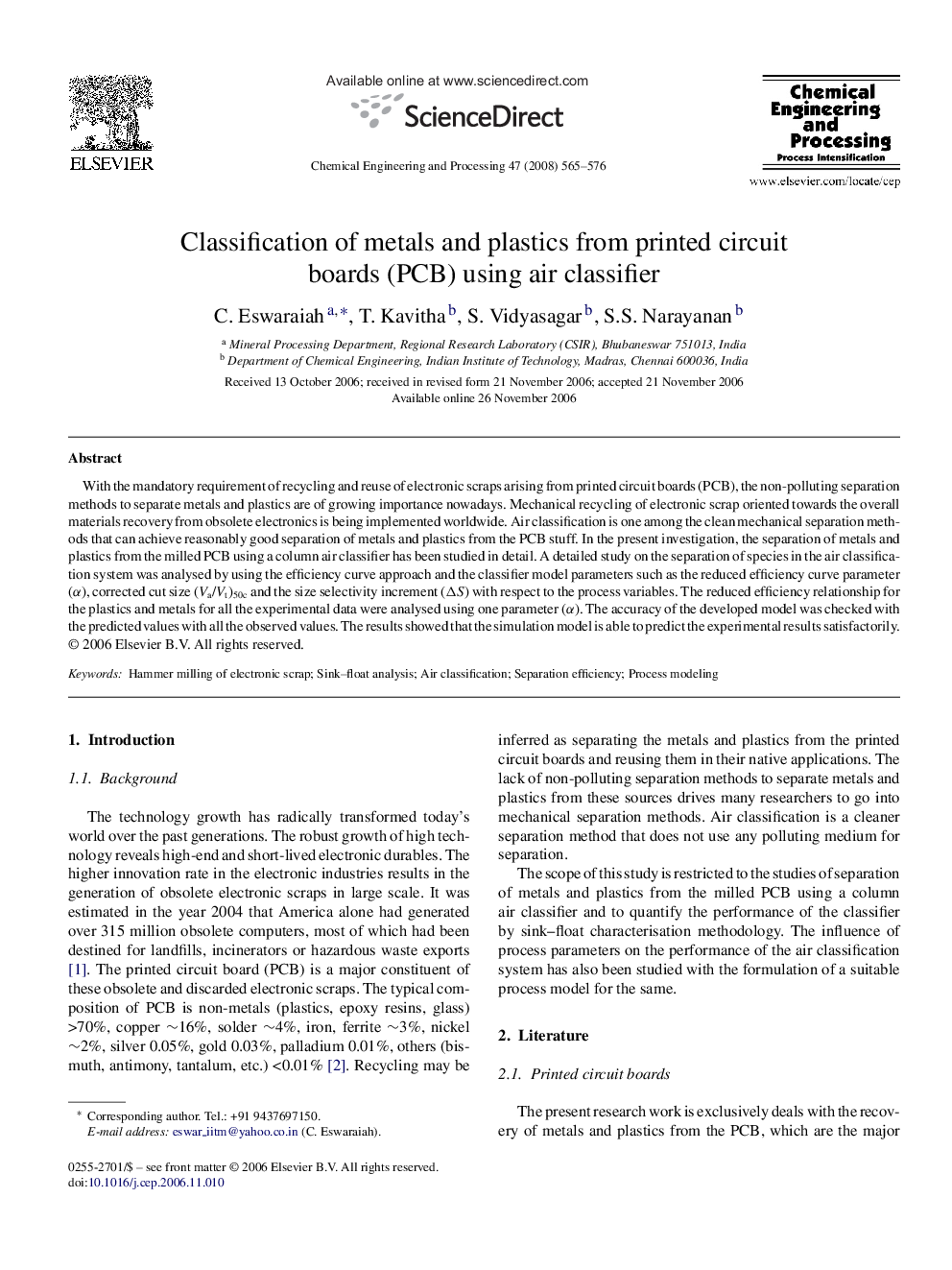 Classification of metals and plastics from printed circuit boards (PCB) using air classifier