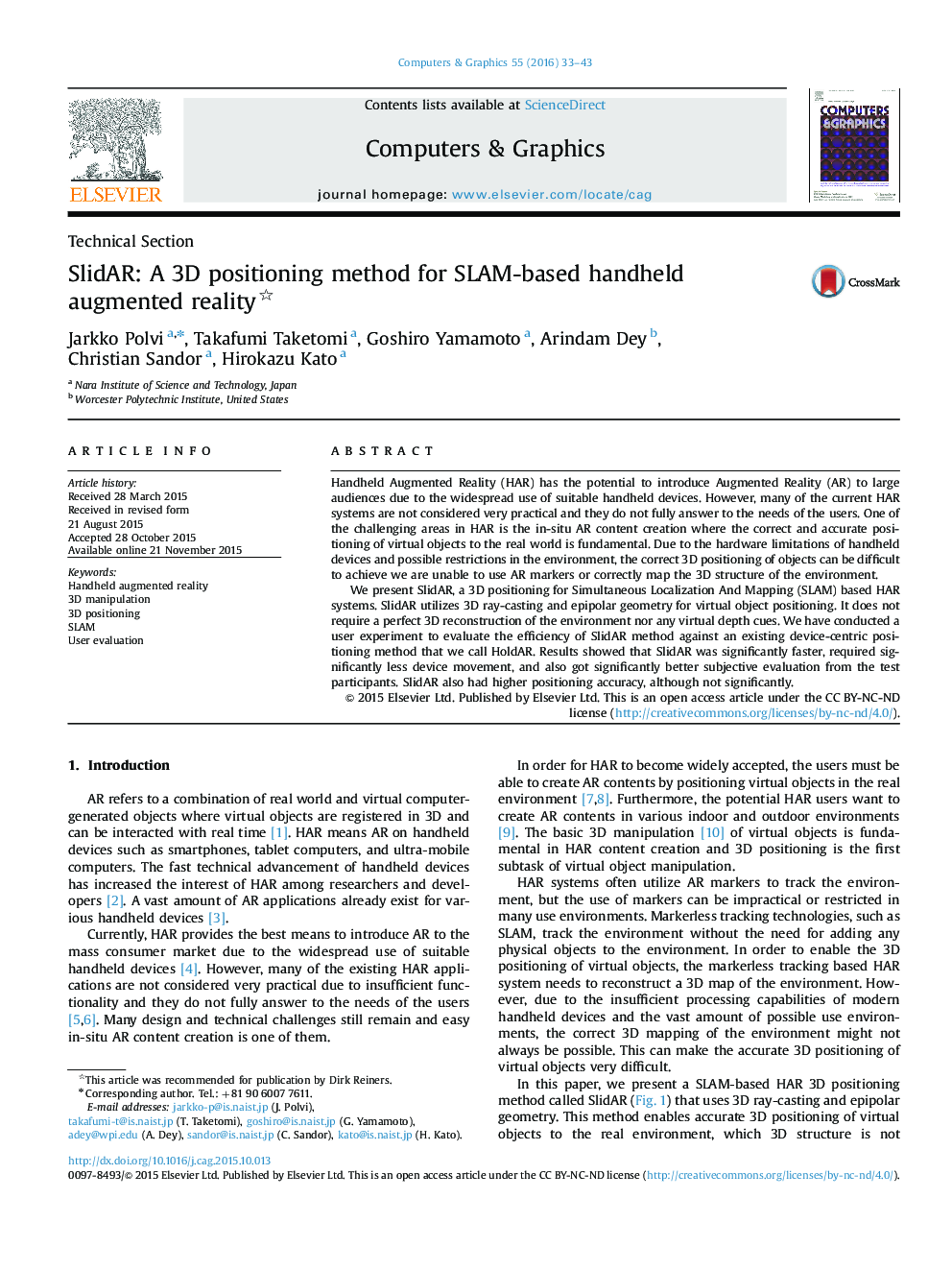 SlidAR: A 3D positioning method for SLAM-based handheld augmented reality