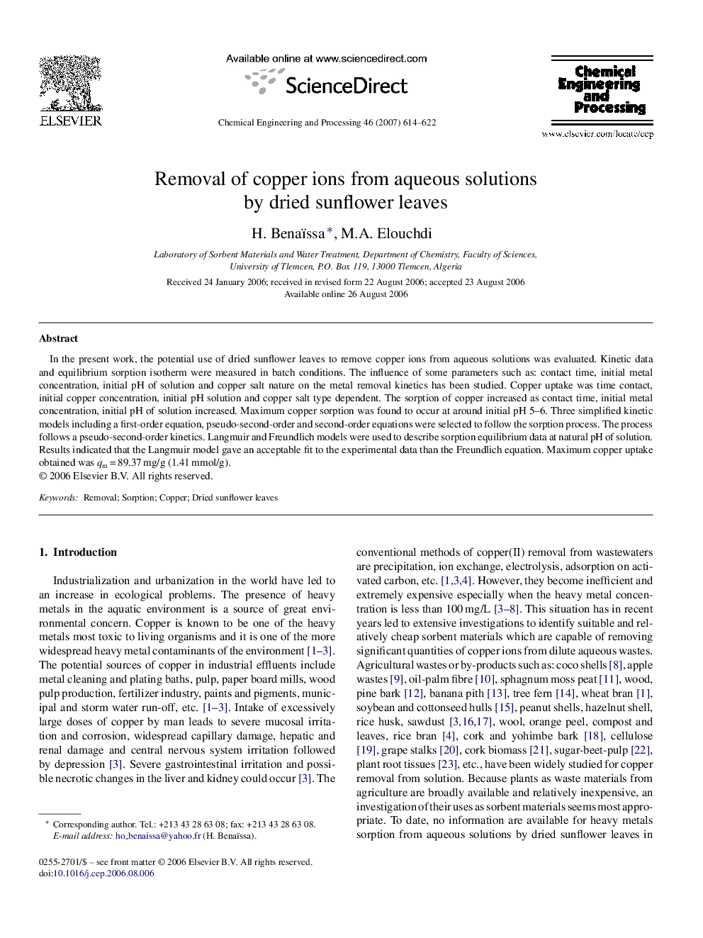 Removal of copper ions from aqueous solutions by dried sunflower leaves