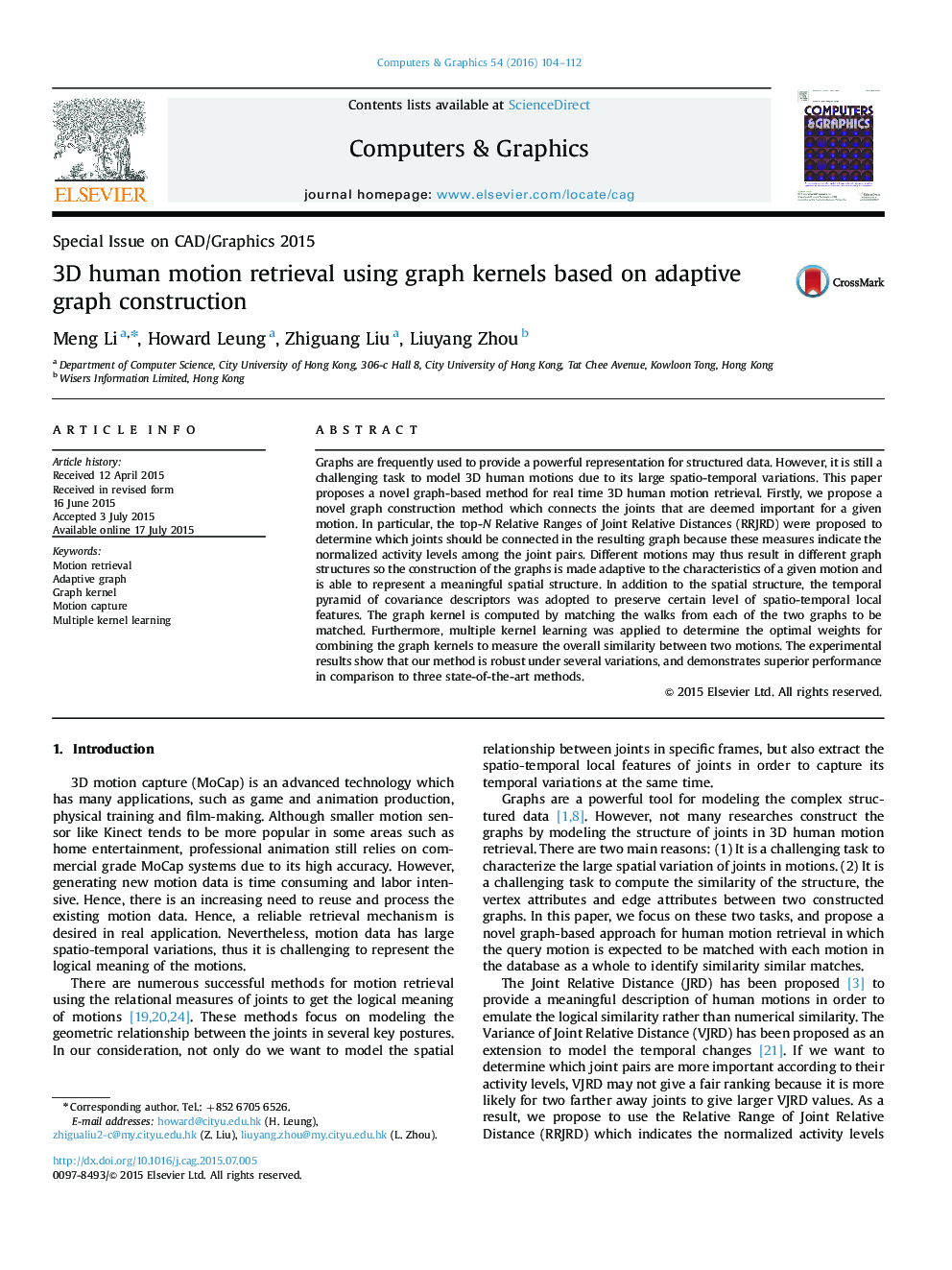 3D human motion retrieval using graph kernels based on adaptive graph construction