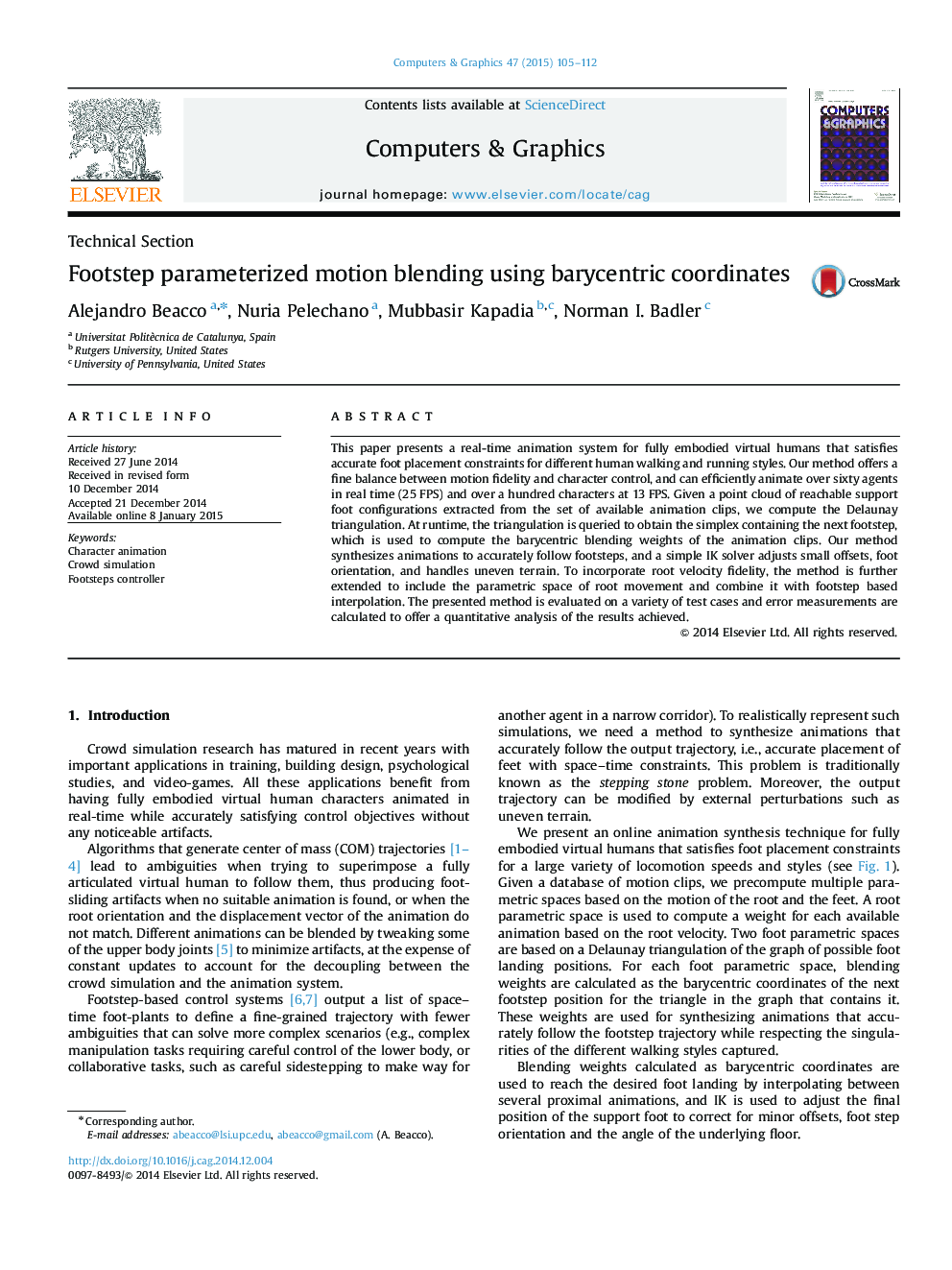 Footstep parameterized motion blending using barycentric coordinates