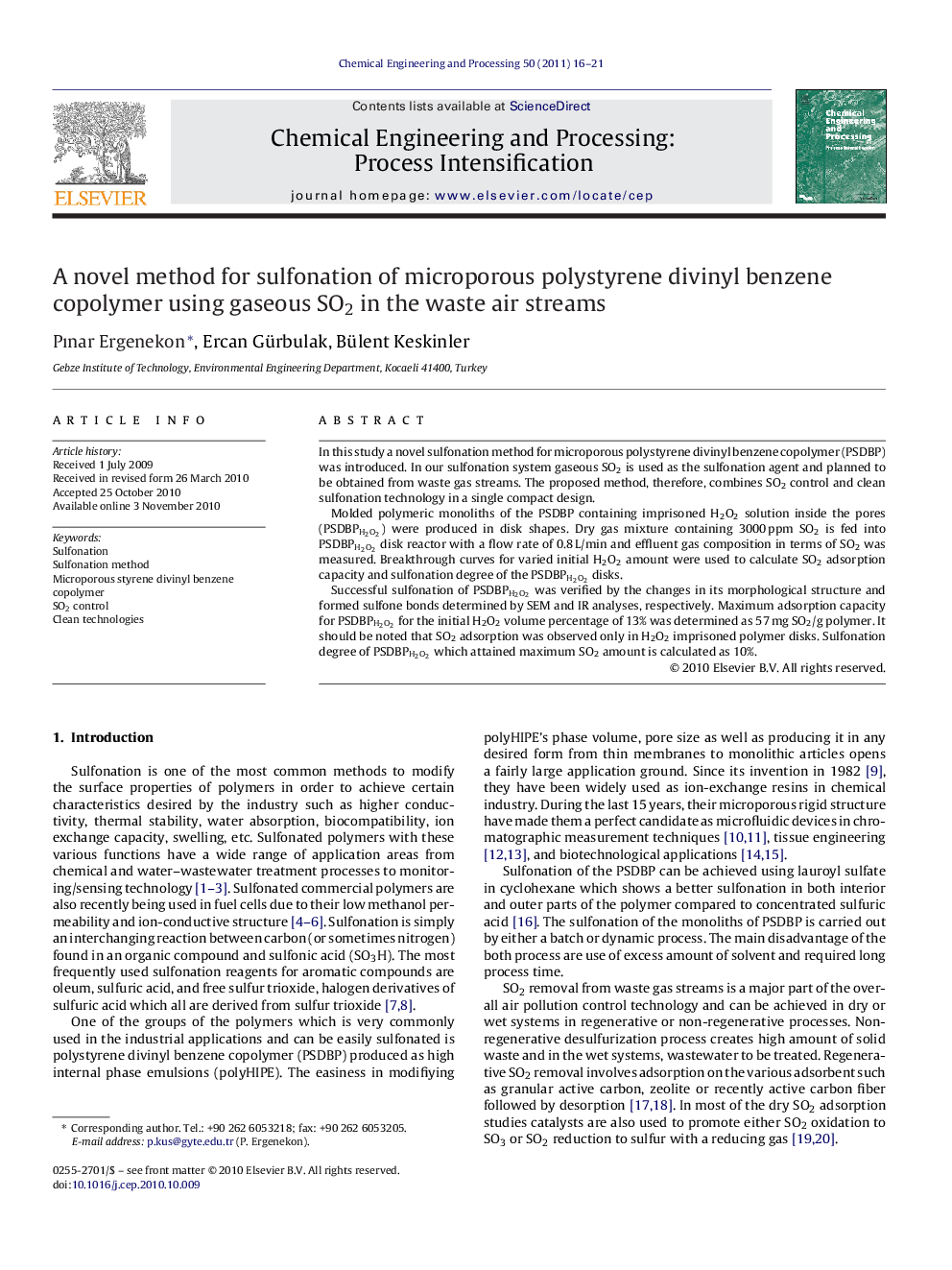 A novel method for sulfonation of microporous polystyrene divinyl benzene copolymer using gaseous SO2 in the waste air streams