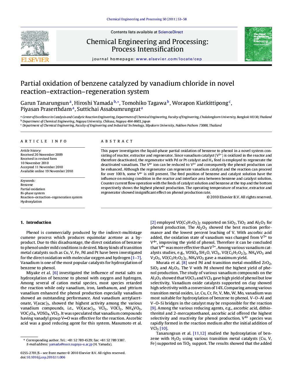 Partial oxidation of benzene catalyzed by vanadium chloride in novel reaction–extraction–regeneration system