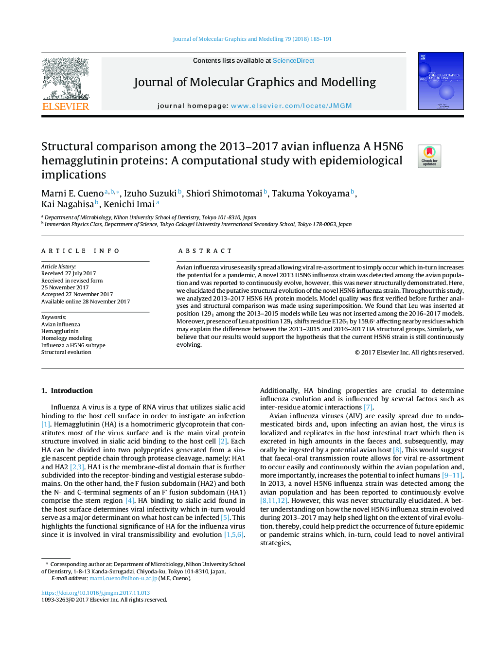 Structural comparison among the 2013-2017 avian influenza A H5N6 hemagglutinin proteins: A computational study with epidemiological implications