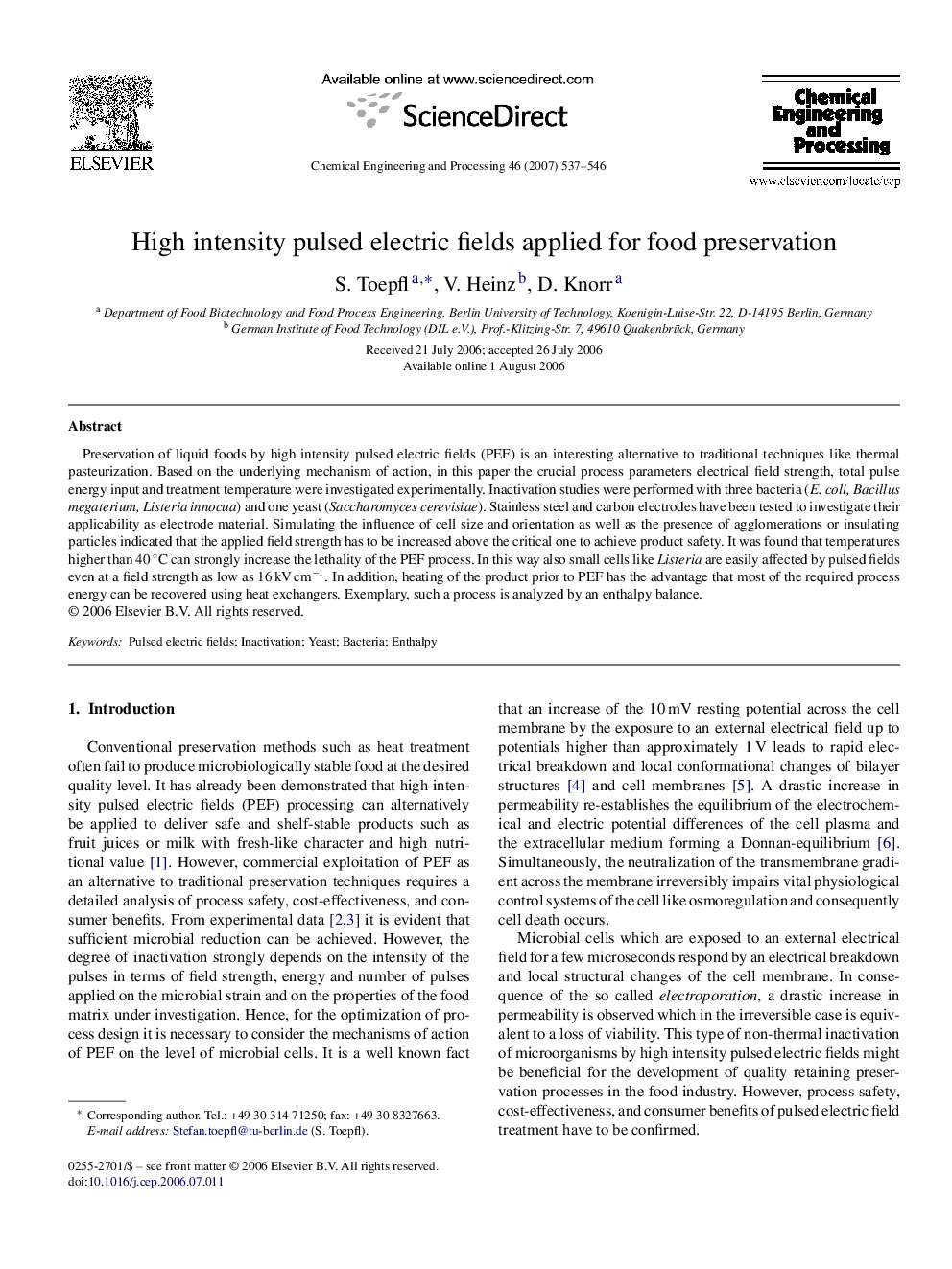 High intensity pulsed electric fields applied for food preservation