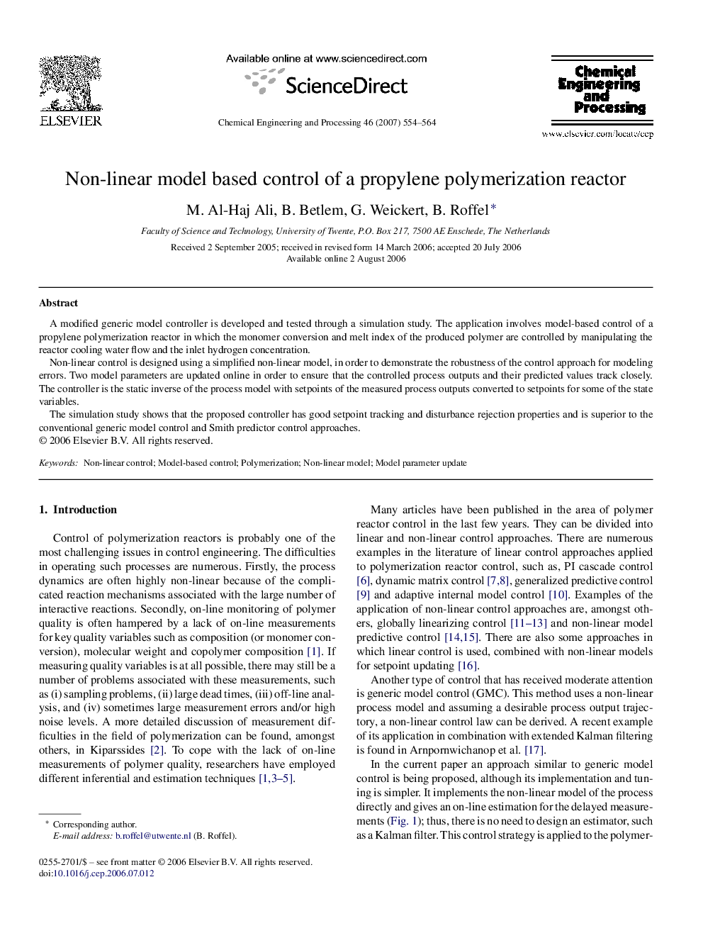 Non-linear model based control of a propylene polymerization reactor