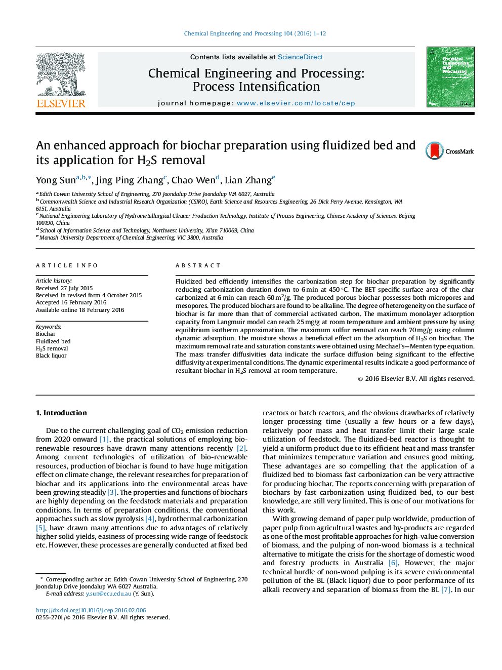 An enhanced approach for biochar preparation using fluidized bed and its application for H2S removal