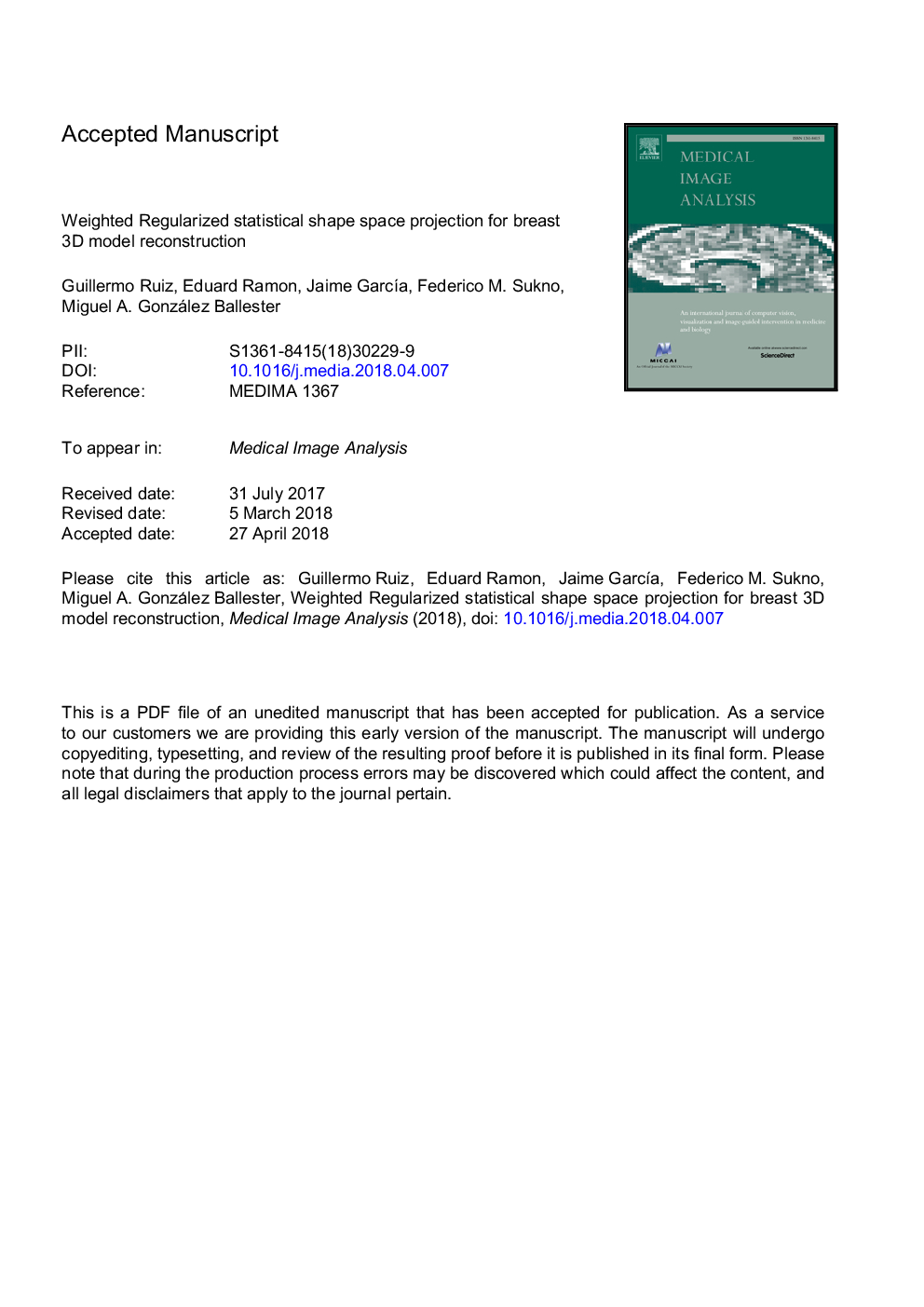 Weighted regularized statistical shape space projection for breast 3D model reconstruction